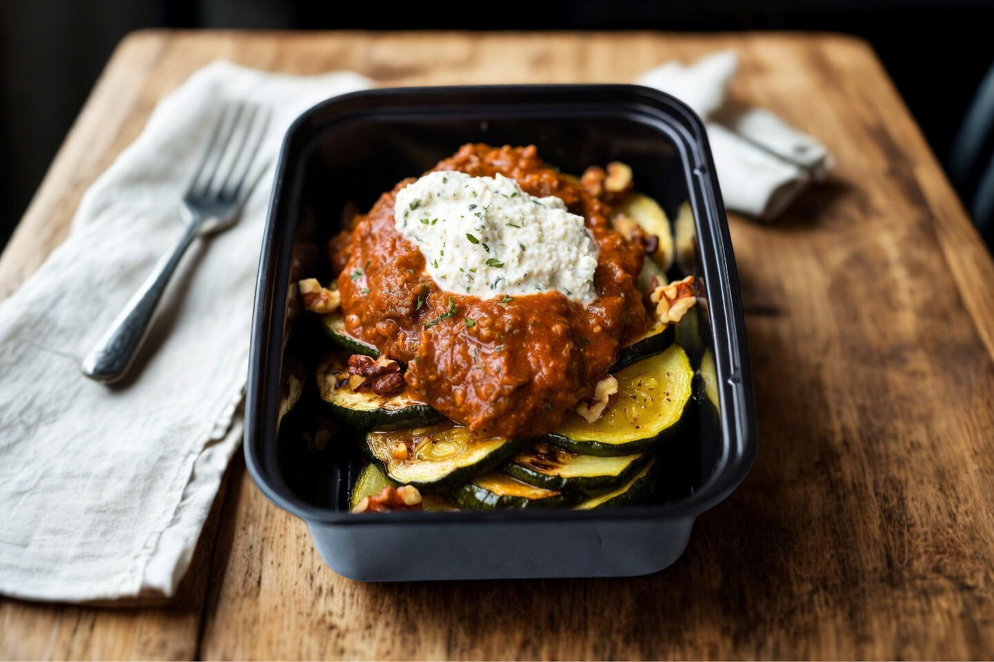 Beef Ragù with Herbed Ricotta, Roasted Zucchini & Parmesan Walnuts